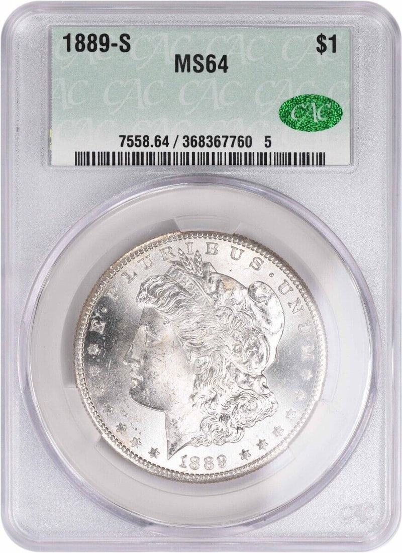1889-S Morgan Silver Dollar MS64 CACG: 1889-S Morgan Silver Dollar MS64 CACG Certification: CACG Circulated/Uncirculated: Uncirculated Year: 1889 Composition: 90% Silver 10% Copper Mint Location: San Francisco Km Number: 110 Denomination: 
