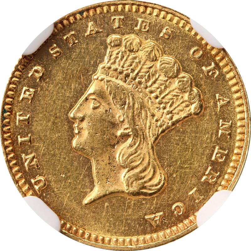 1873 Type 3 Indian Princess Gold $1 Open 3 NGC MS61 Nice Eye Appeal Nice Strike: 1873 Type 3 Indian Princess Gold $1 Open 3 NGC MS61 Nice Eye Appeal Nice Strike Certification: NGC Circulated/Uncirculated: Uncirculated Grade: MS61 Certification Number: 3832674-005 Composition: Gold