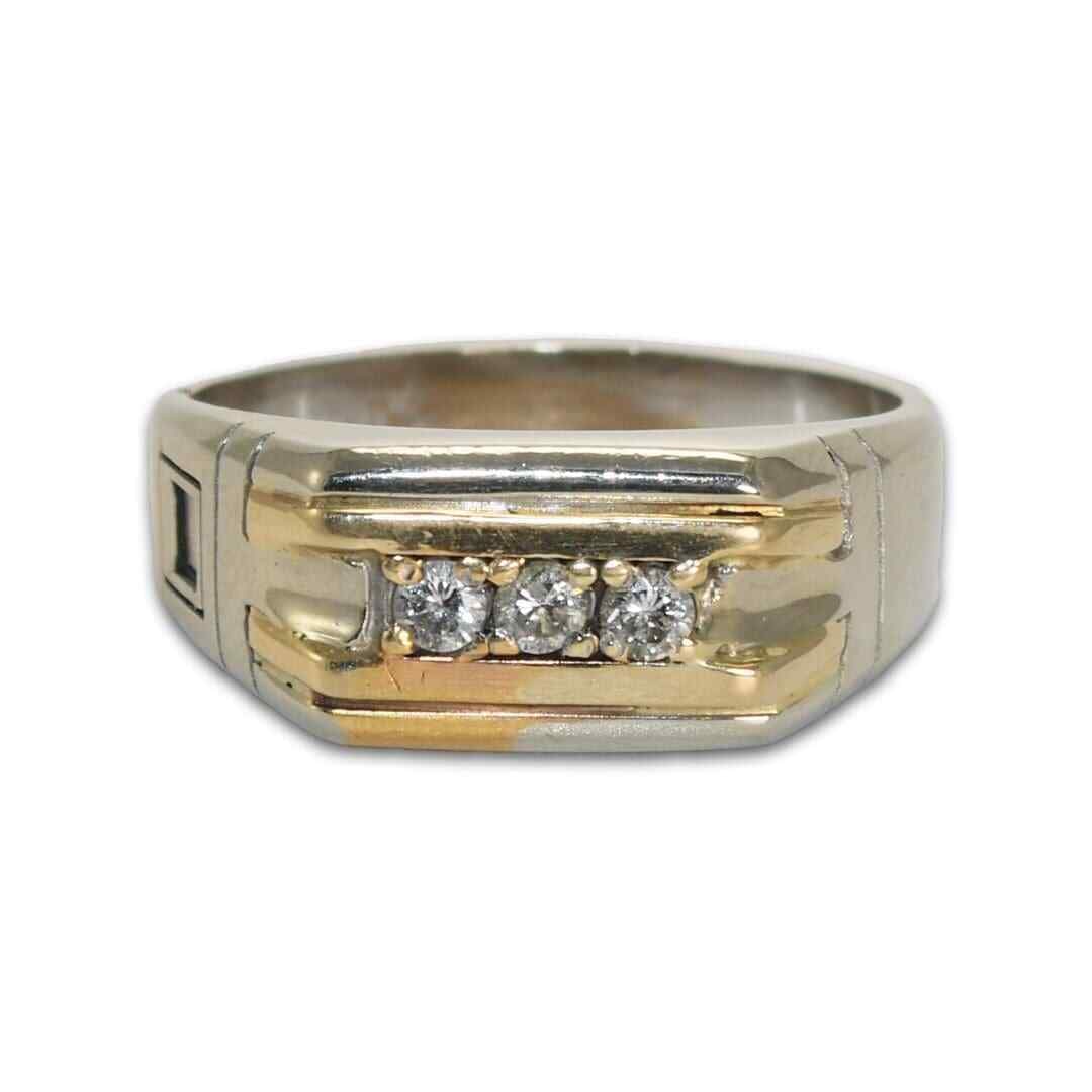 14K Two-Tone Gold Diamond Signet Ring Size 11 with 3 Round Diamonds: 14K Two-Tone Gold Diamond Signet Ring Size 11 with 3 Round Diamonds This stunning men's ring features a standout design in 14k two-tone gold, combining both white and yellow gold elements. It is adorn