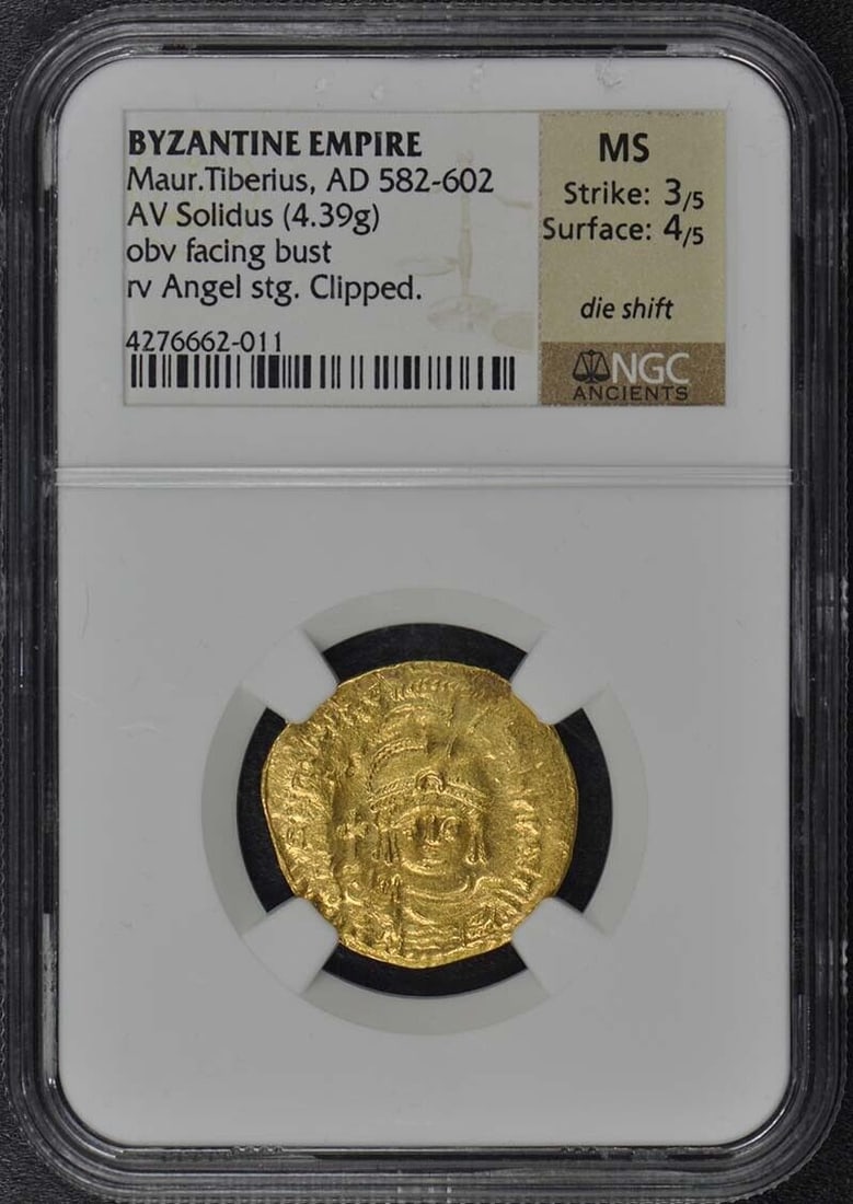 Maur.Tiberius AD 582-602 BYZANTINE EMPIRE Solidus NGC MS60 Die Shift: Maur.Tiberius AD 582-602 BYZANTINE EMPIRE Solidus NGC MS60 Die Shift Certification: NGC Certification Number: 4276662011 Grade: MS60 Pre-Owned The MYNT Guarantee: All items in this auction are guarant