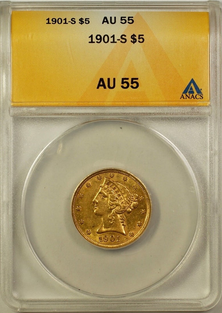 1901-S Liberty Head Gold Half Eagle $5 Coin ANACS AU-55 Scarce Variety 1 over 0: 1901-S Liberty Head Gold Half Eagle $5 Coin ANACS AU-55 Scarce Variety 1 over 0 Certification: ANACS Grade: AU 55 Composition: Gold Year: 1901 Mint Location: San Francisco Circulated/Uncirculated: Cir
