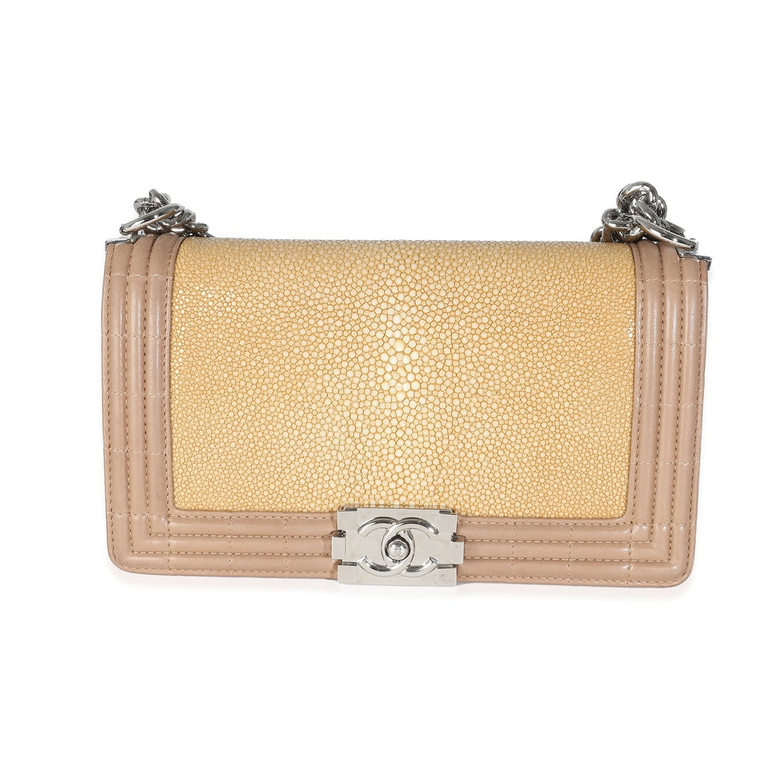 Chanel Beige Galuchat Stingray Lambskin Medium Boy Flap: Chanel Beige Galuchat Stingray Lambskin Medium Boy Flap Dimensions: 9.8 x 5.8 x 2.5 Handbag Accessories: Dustbag;Authenticity Card Bag Width: 9.8 in Bag Depth: 2.5 in Bag Height: 5.8 in Style: Shoulde