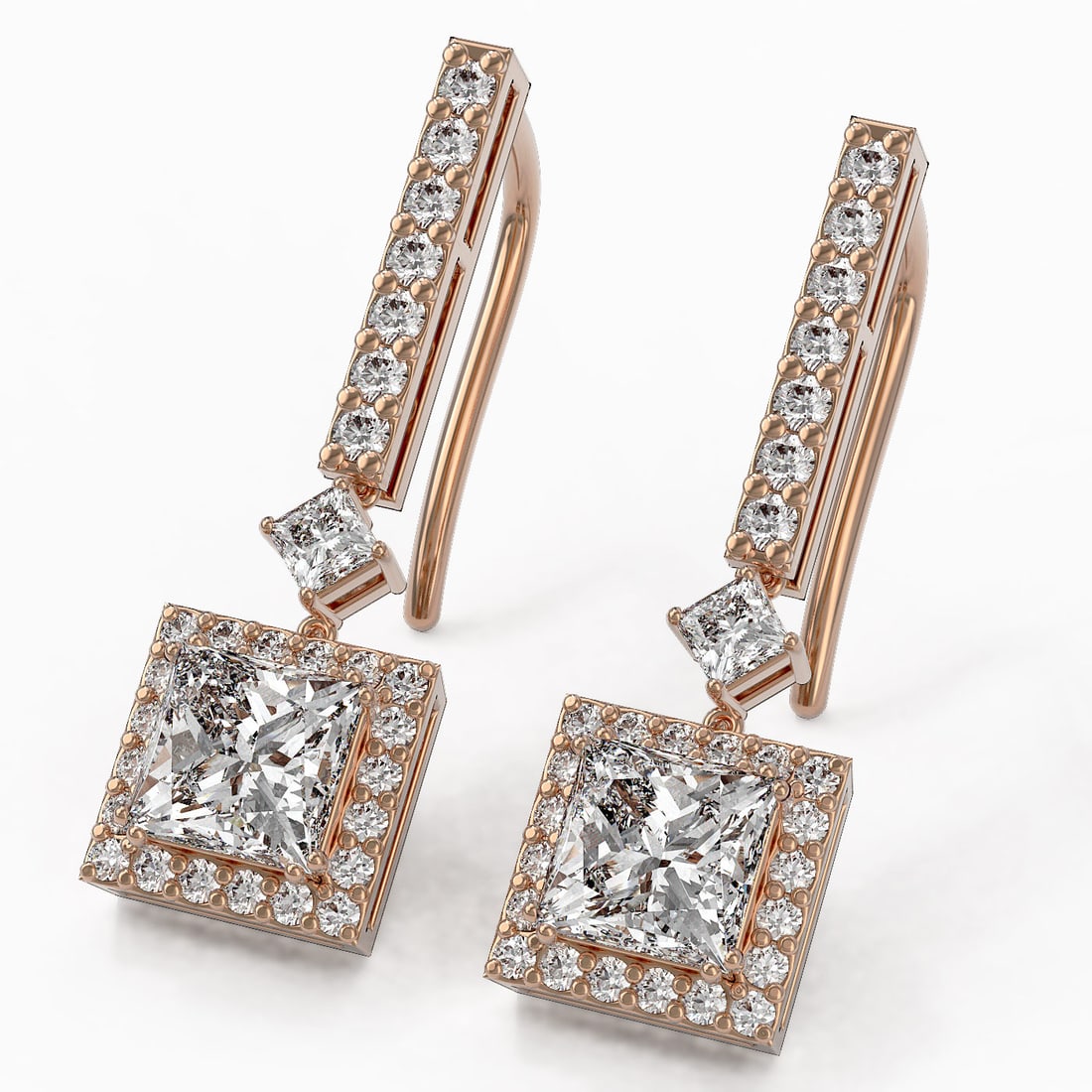 2.4 ctw Princess Cut Diamond Designer Earrings 18K Rose Gold: 2.4 ctw Princess Cut Diamond Designer Earrings 18K Rose Gold 2.4 ctw Princess Cut Diamond Designer Earrings 18K Rose Gold Designer Brand Luxury Jewelrymade in the USA Suggested Retail Price: $12900 It