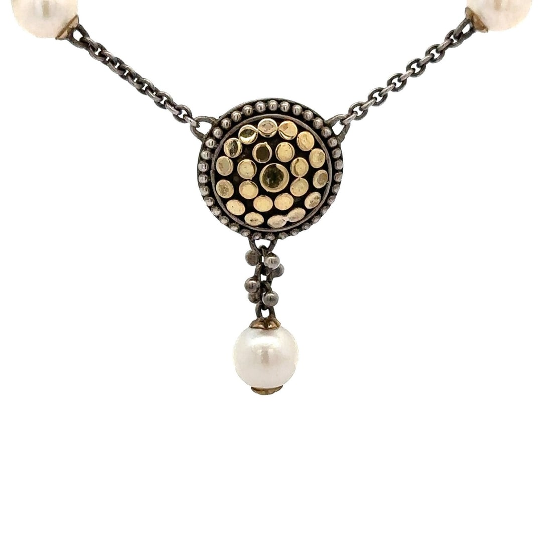 John Hardy Y-Drop Necklace 18k Yellow Gold Sterling Silver with 5 White Pearls: John Hardy Y-Drop Necklace 18k Yellow Gold Sterling Silver with 5 White Pearls This elegant John Hardy Y-Drop Necklace features a stunning combination of 18k yellow gold and sterling silver. It showca