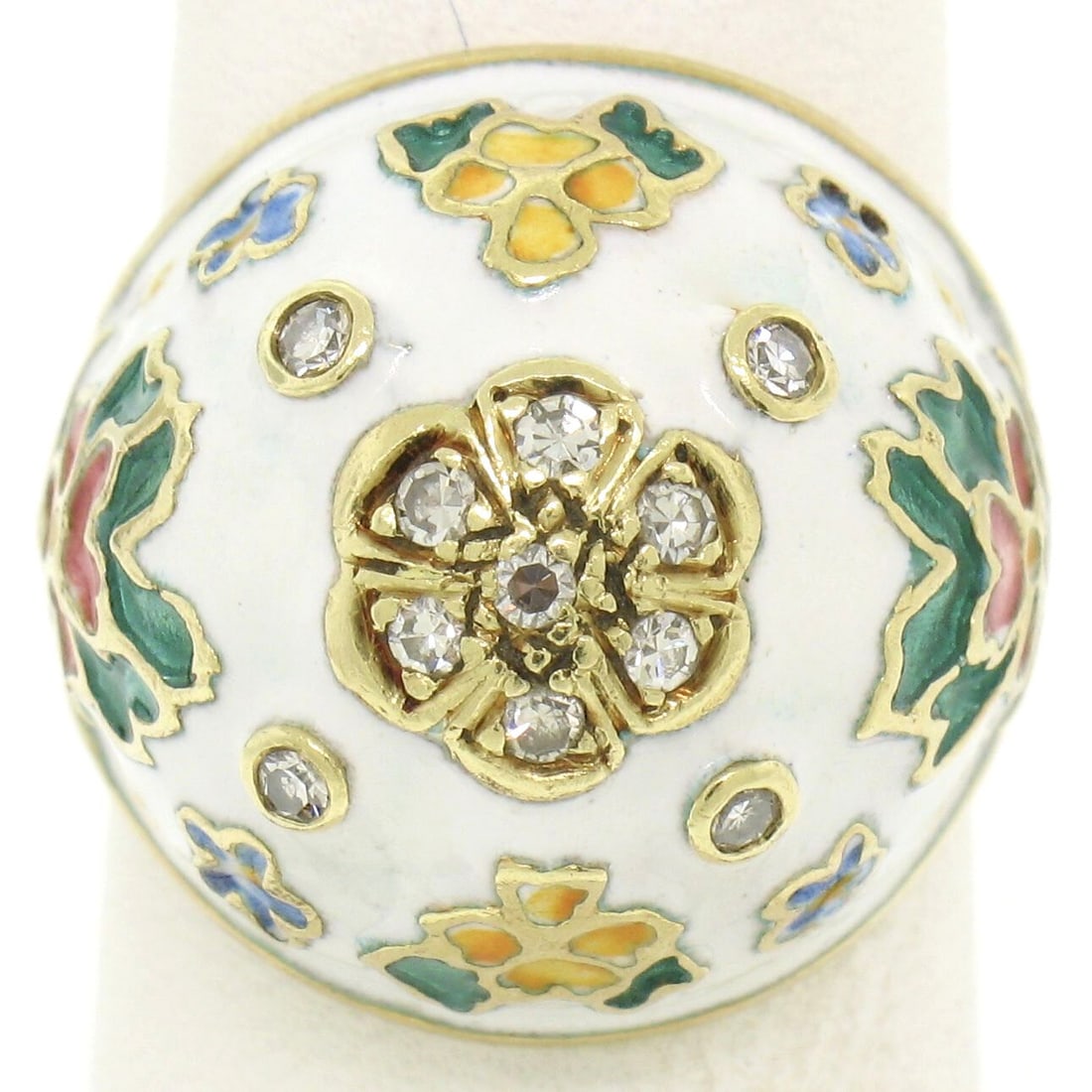 Antique 14K Yellow Gold Floral Cocktail Ring with Diamonds and Enamel: Antique 14K Yellow Gold Floral Cocktail Ring with Diamonds and Enamel Material: Enamel. Metal: Yellow Gold. Metal Purity: 14k. Main Stone: Diamond. Style: Cocktail. Ring Size: 6.5. Vintage: Yes. Antiq