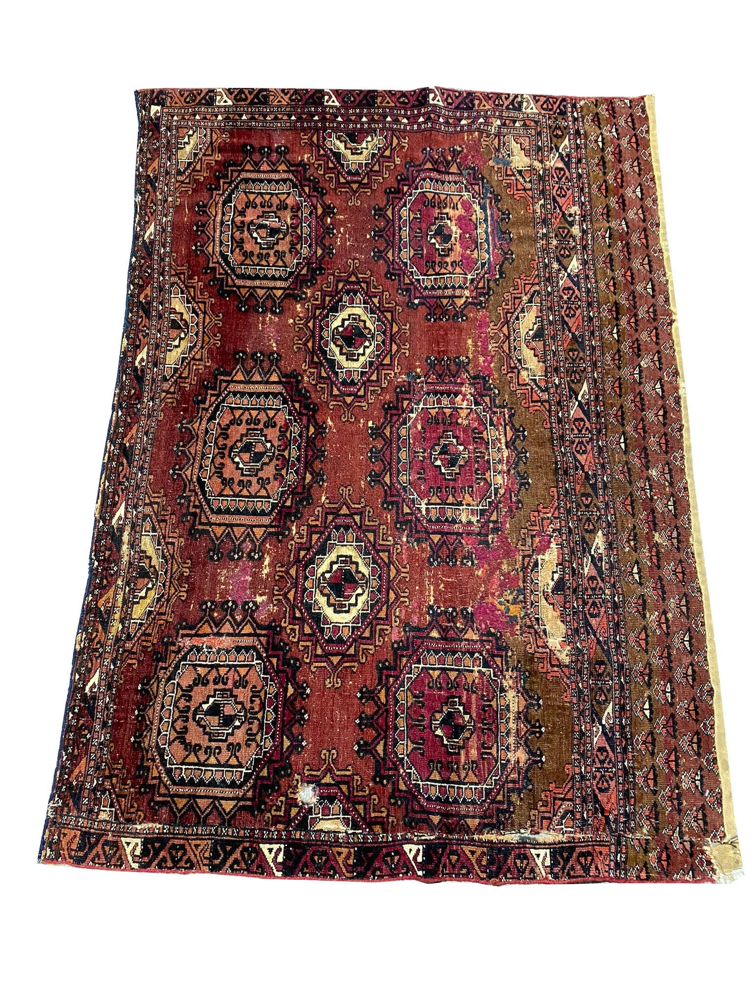 3' x 5' Antique Afghan Yamud Turkman Rug WORN: 3' x 5' Antique Afghan Yamud Turkman Rug WORN Free continental US Shipping The 3' x 5' Antique Afghan Yamud Turkman Rug W OR N is a beautifully aged piece that showcases the craftsmanship and artistry