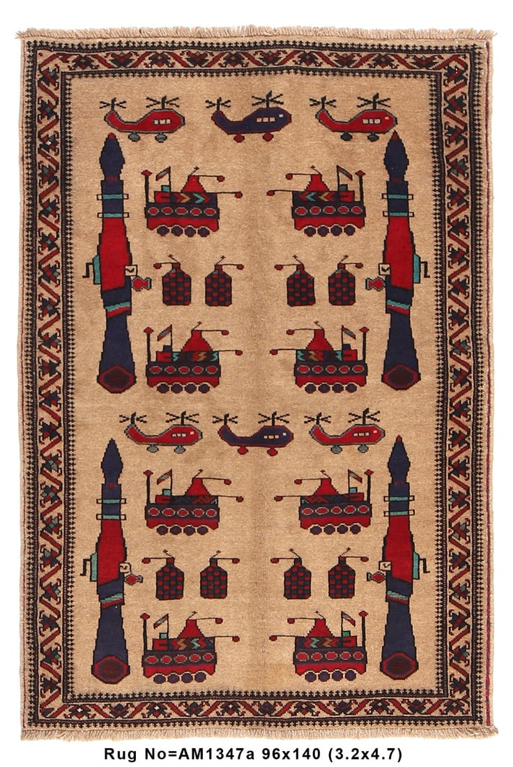 3.2 x 4.7 WAR RUG Afghanistan Chopers Guns Tanks Area Rug: 3.2 x 4.7 WAR RUG Afghanistan Chopers Guns Tanks Area Rug Free continental US Shipping The 3' x 5' War Rug from Afghanistan is a striking and historically significant piece that blends traditional Afg