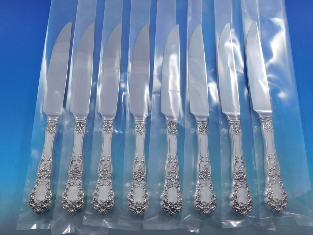 Buttercup by Gorham Sterling Silver Steak Knife Set of 8 Serrated Custom 8 3/8": Buttercup by Gorham Sterling Silver Steak Knife Set of 8 Serrated Custom 8 3/8" Seller Notes: " excellent condition" Brand: Gorham Pattern: Buttercup Composition: Sterling Silver Type: Flatware - Kniv