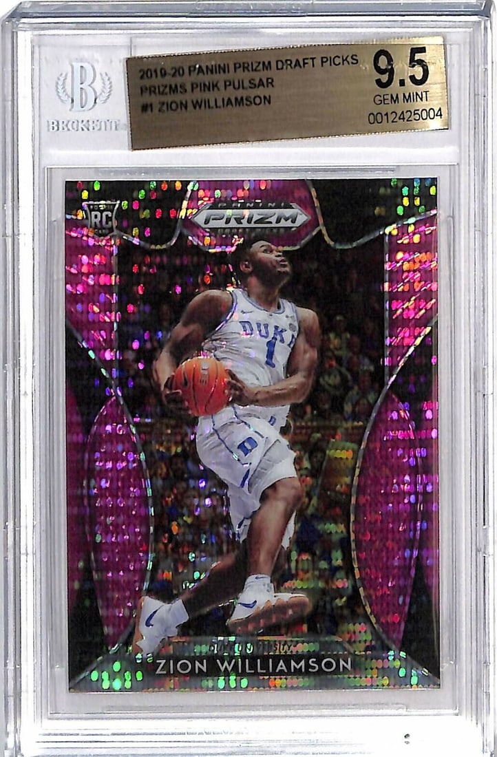 2019-20 Prizm Draft Picks Zion Williamson Pink Pulsar Card BGS 9.5: 2019-20 Prizm Draft Picks Zion Williamson Pink Pulsar Card BGS 9.5 Graded: Yes Sport: Basketball Manufacturer: Prizm Player/Athlete: Zion Williamson Grade: 9 Professional Grader: Beckett Grading Servi