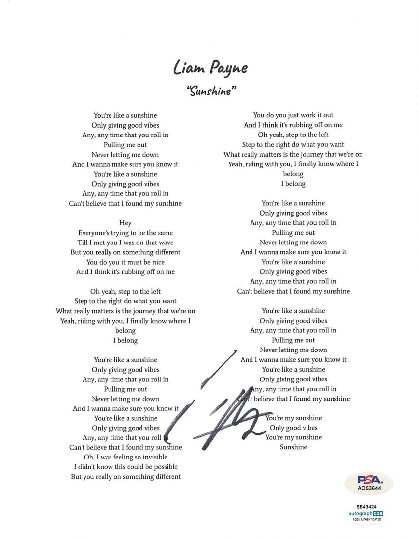 Liam Payne signed 8x10 "Sunshine" Lyric Sheet PSA/DNA Autographed One Direction: Liam Payne signed 8x10 "Sunshine" Lyric Sheet PSA/DNA Autographed One Direction Industry: Music Object Type: Photograph Original/Reproduction: Original Pre-Owned While the lot images are representativ