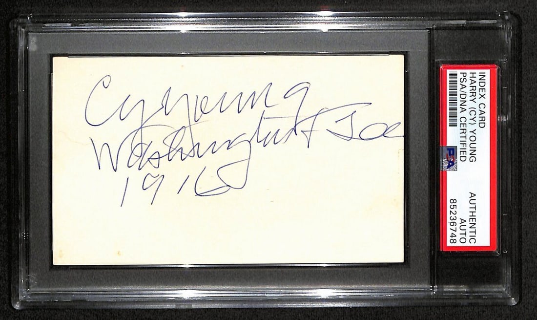 Harry "Cy" Young CFB HOF Signed 3x5 Index Card Washington & Lee PSA/DNA 189025: Harry "Cy" Young CFB HOF Signed 3x5 Index Card Washington & Lee PSA/DNA 189025 Original/Reprint: Original Player: Harry "Cy" Young Product: Photo Sport: Football Productname: Harry Cy Young CFB HOF Si