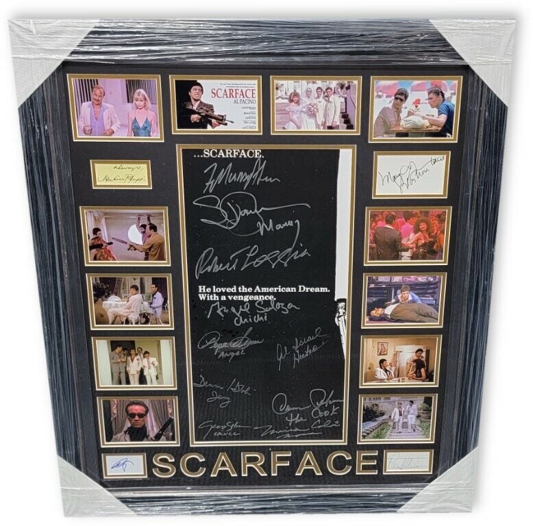 Al Pacino Bauer Loggia + Cast Signed Photo Collage + Cuts Scarface JSA: Al Pacino Bauer Loggia + Cast Signed Photo Collage + Cuts Scarface JSA Original/Reproduction: Original Autograph Authentication: James Spence (JSA) Player: Al Pacino Pre-Owned While the lot images are
