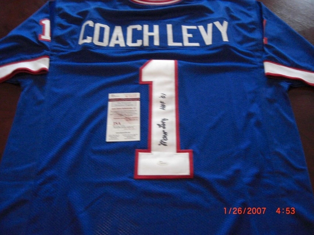 MARV LEVY BUFFALO BILLS HOF 2001 COACH JSA/COA SIGNED JERSEY: MARV LEVY BUFFALO BILLS HOF 2001 COACH JSA/COA SIGNED JERSEY Sport: Football-NFL Original/Reprint: Original Product: Jersey Pre-Owned While the lot images are representative of the item, the size, pla