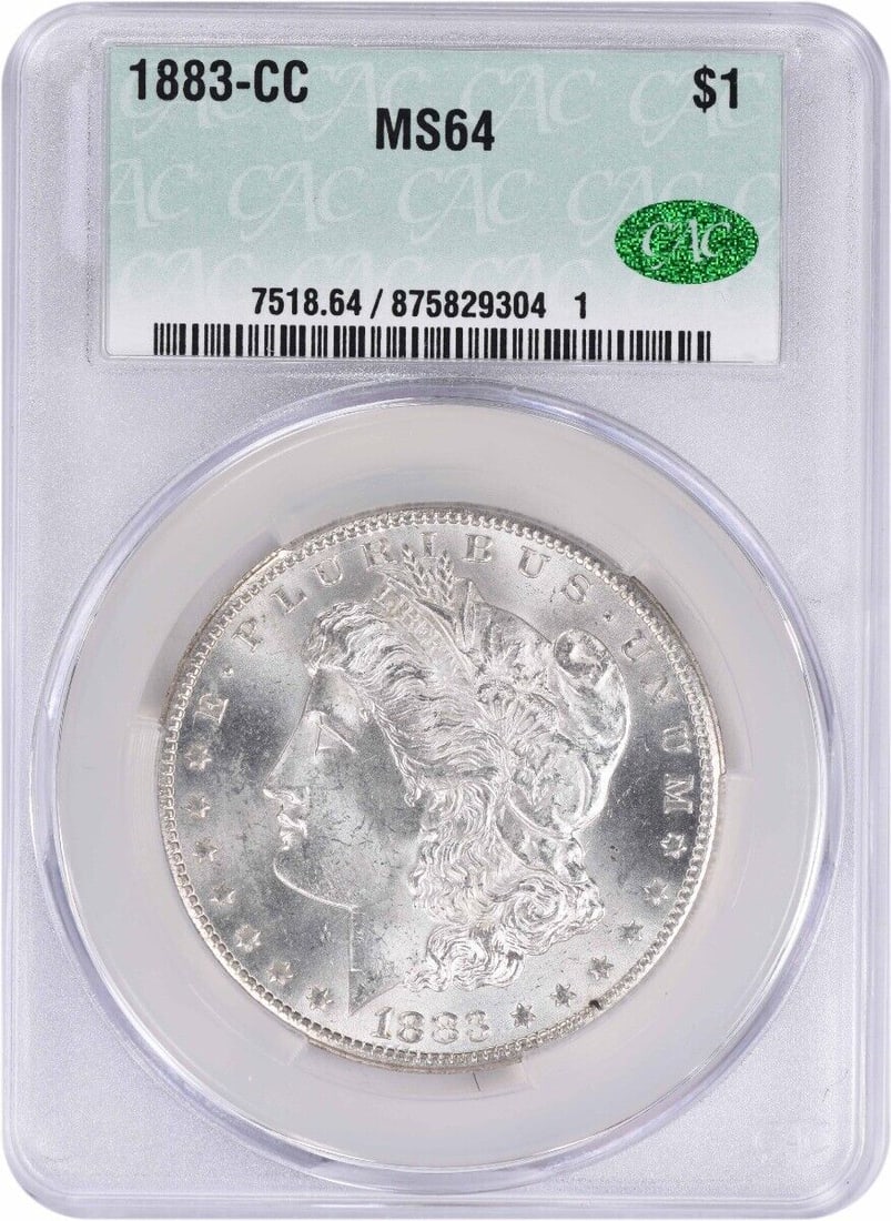 1883-CC Morgan Silver Dollar MS64 CACG: 1883-CC Morgan Silver Dollar MS64 CACG Certification: CACG Circulated/Uncirculated: Uncirculated Year: 1883 Composition: 90% Silver 10% Copper Mint Location: Carson City Km Number: 110 Denomination: $