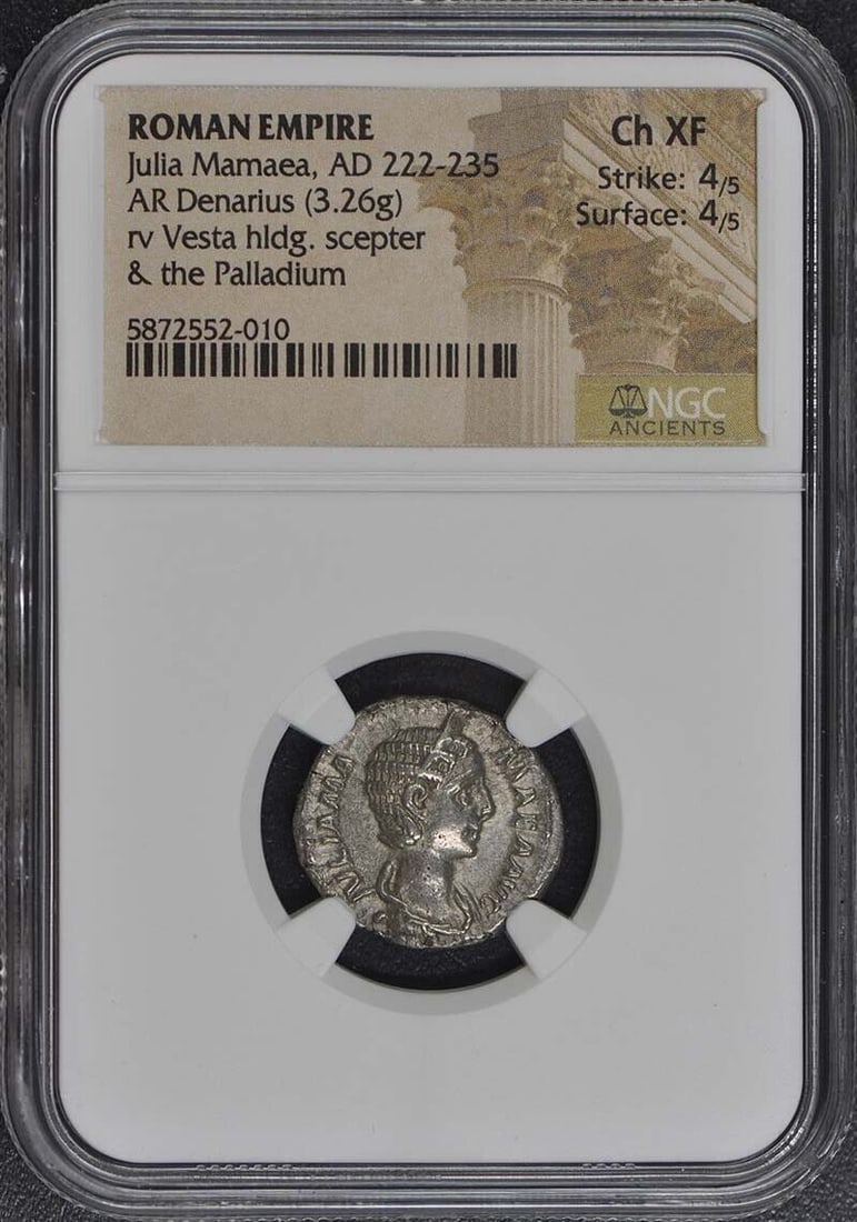 Julia Mamaea AD 222-235 ROMAN EMPIRE AR Denarius NGC XF45: Julia Mamaea AD 222-235 ROMAN EMPIRE AR Denarius NGC XF45 Certification: NGC Grade: XF45 Certification Number: 5872552010 Denomination: Ancient Roman Date: NONE Pre-Owned The MYNT Guarantee: All items