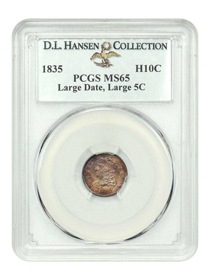 1835 H10C PCGS MS65 (Large Date Large 5c) ex: D.L. Hansen: 1835 H10C PCGS MS65 (Large Date Large 5c) ex: D.L. Hansen Certification: PCGS Certification Number: 25303919 Circulated/Uncirculated: Uncirculated Denomination: H10C Year: 1835 Grade: 65 Strike Type: 