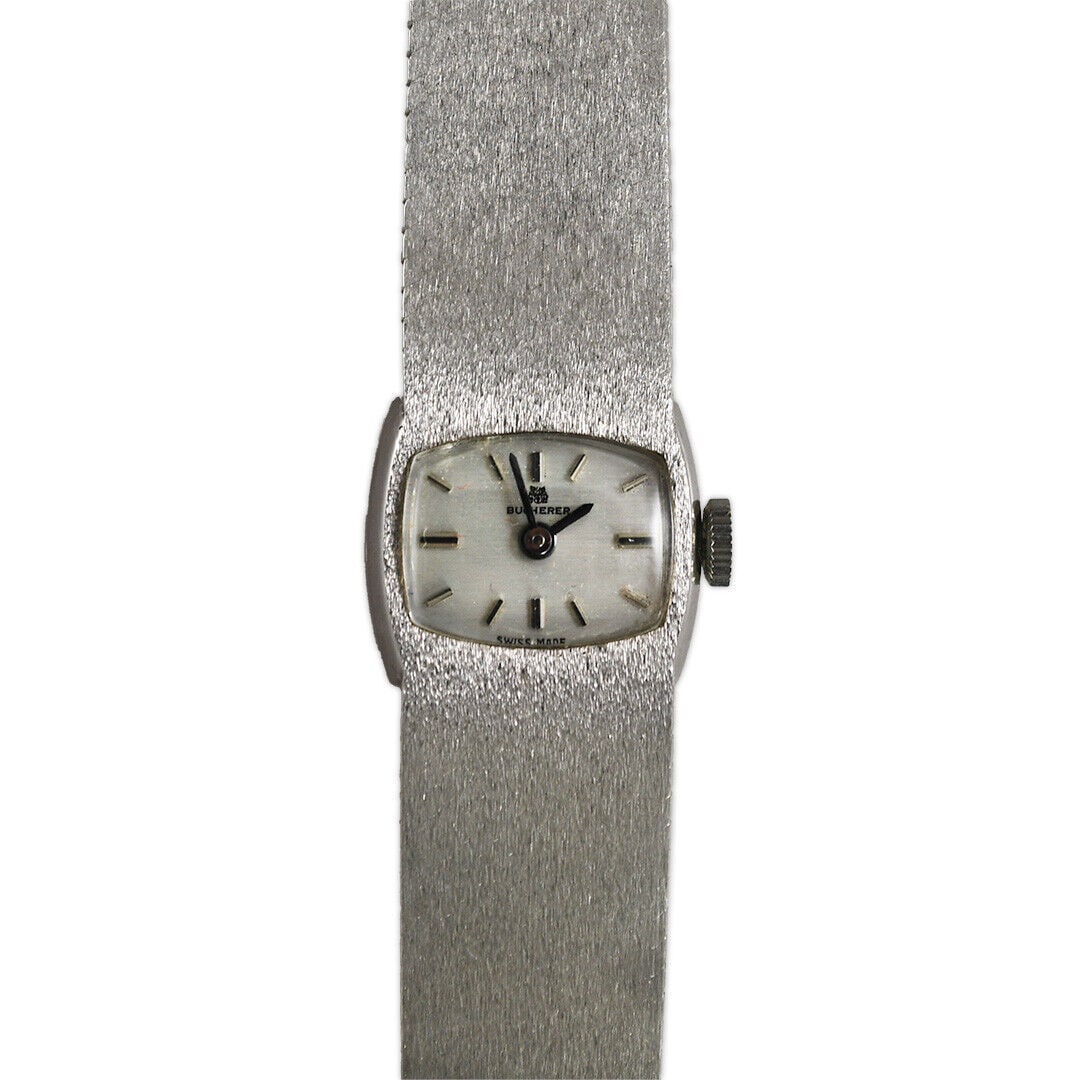 18K White Gold Vintage Bucherer Manual Wind Watch 16.5mm: 18K White Gold Vintage Bucherer Manual Wind Watch 16.5mm Display: Analog Shape: Rectangle Case Material: 18k White Gold Base Metal: White Gold Dial Color: Gray Type: Wristwatch Style: Classic Number O