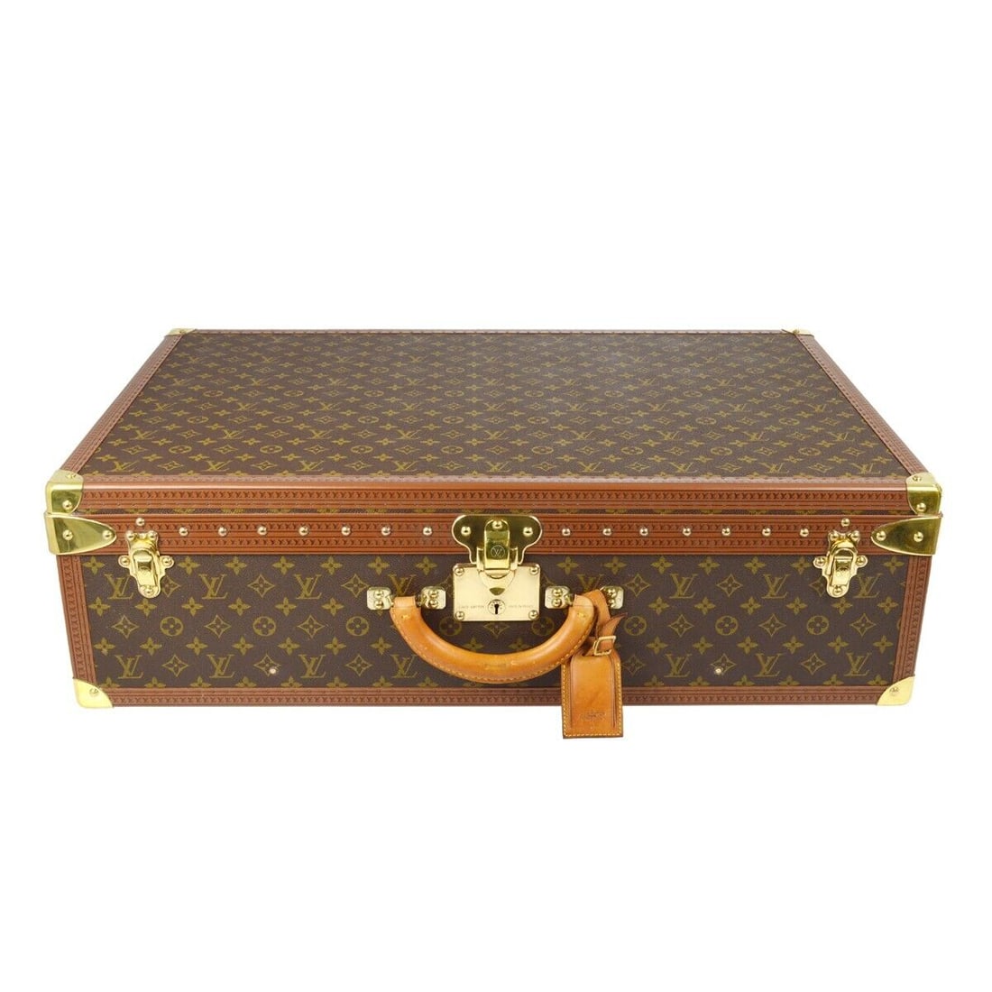 Louis Vuitton Monogram Alzer 75 Trunk Suitcase Brown Leather Canvas Travel: Louis Vuitton Monogram Alzer 75 Trunk Suitcase Brown Leather Canvas Travel This Louis Vuitton Monogram Alzer 75 Suitcase is perfect for travel and features a stylish trunk design. The exterior is craf
