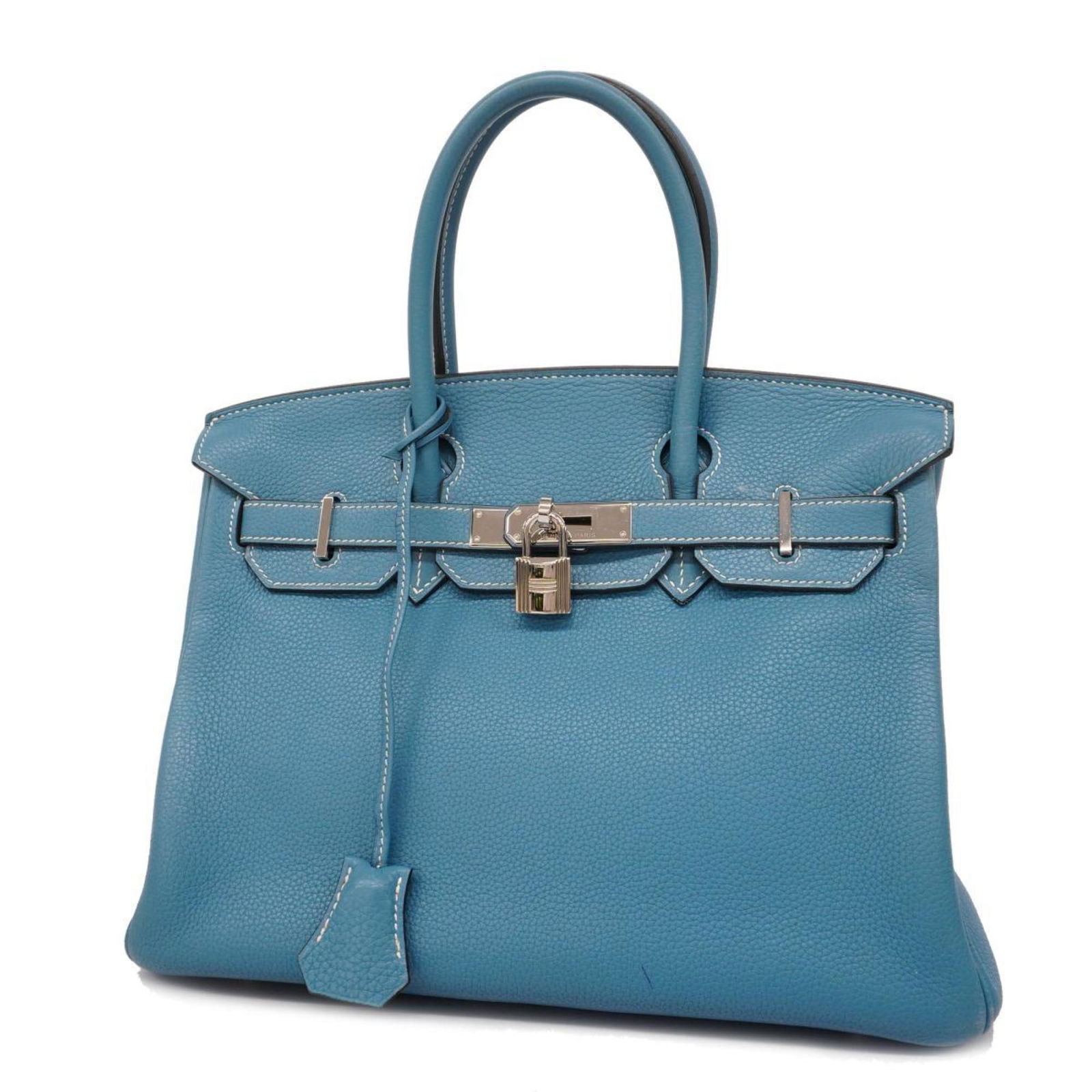 Authentic Hermes Birkin 30 Handbag Togo Leather Blue Jean Silver Hardware: Authentic Hermes Birkin 30 Handbag Togo Leather Blue Jean Silver Hardware This authentic Hermes Birkin 30 handbag is crafted from Togo leather in a stunning blue jean color. The handbag features silve