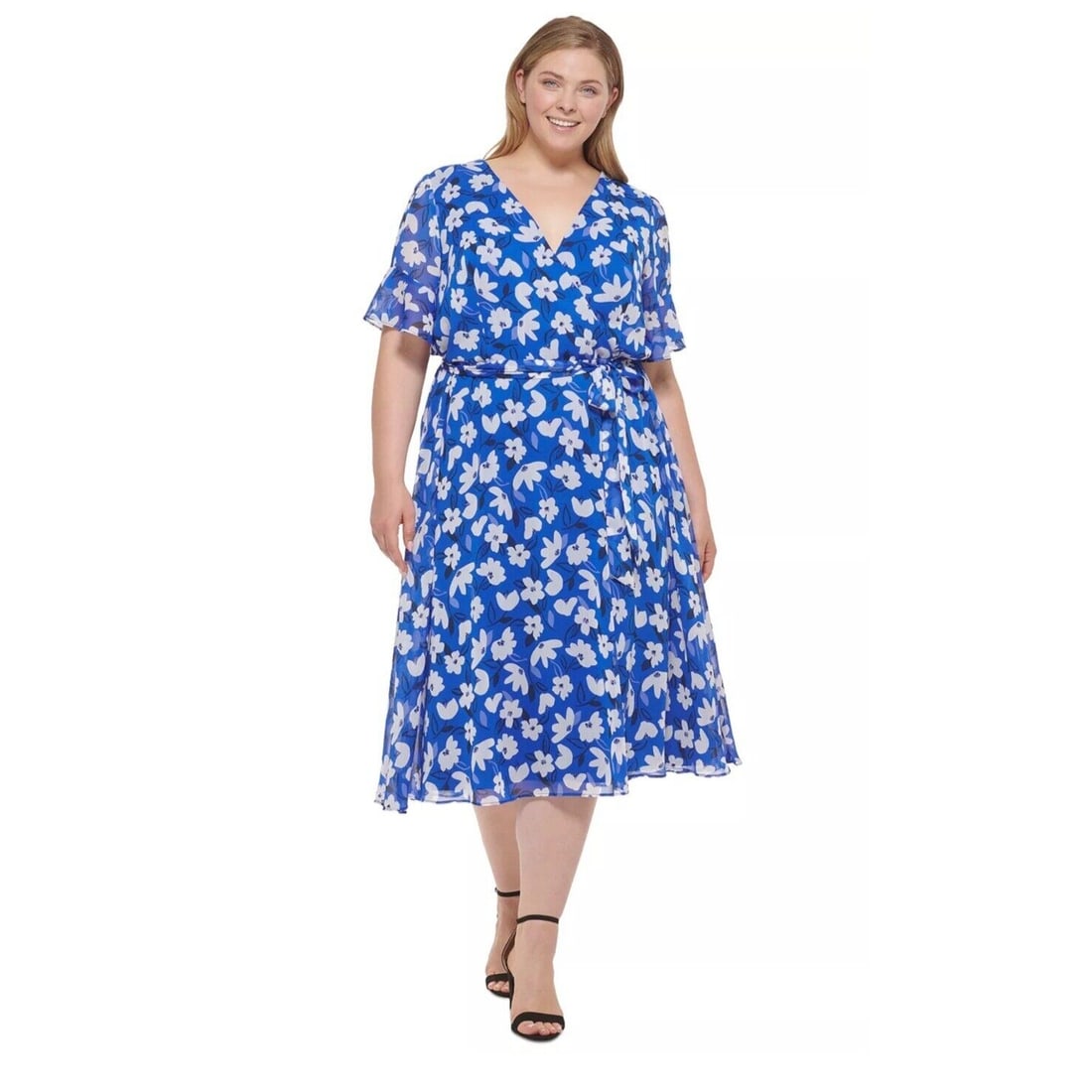 DKNY Plus Size 18W Blue Floral Midi Wrap Dress with Ruffles: DKNY Plus Size 18W Blue Floral Midi Wrap Dress with Ruffles This DKNY Plus Size Floral-Print Faux Ruffled Tie At Waist Wrap Dress features a vibrant royal blue color adorned with a floral pattern. Des