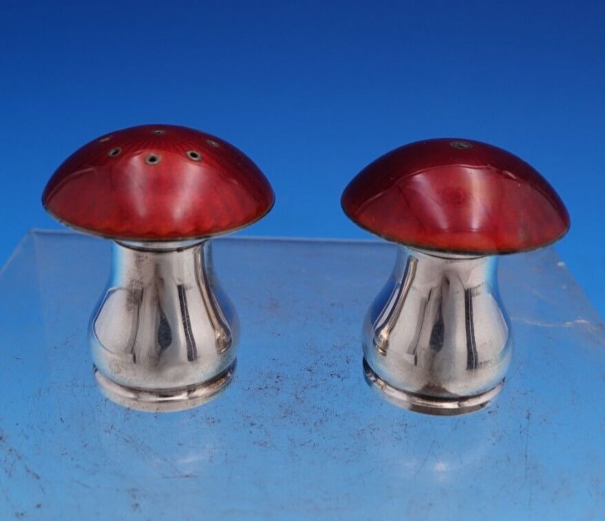 Mushroom Salt & Pepper Shakers by Ela Danish Silver with Red Enamel: Mushroom Salt & Pepper Shakers by Ela Danish Silver with Red Enamel Enhance your dining experience with this exquisite Mushroom by Ela Danish Sterling Silver Salt & Pepper Shaker Set. Crafted by Ela i
