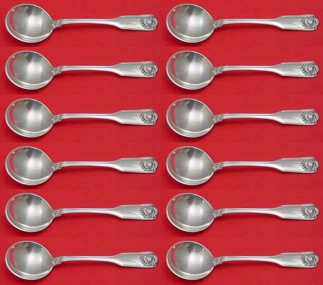 Frank Smith Fiddle Shell Sterling Silver Soup Spoon Set 12 pcs 6.25 inches: Frank Smith Fiddle Shell Sterling Silver Soup Spoon Set 12 pcs 6.25 inches This exquisite 12-piece set of cream soup spoons showcases the elegant Fiddle Shell pattern by renowned maker Frank Smith. Ea