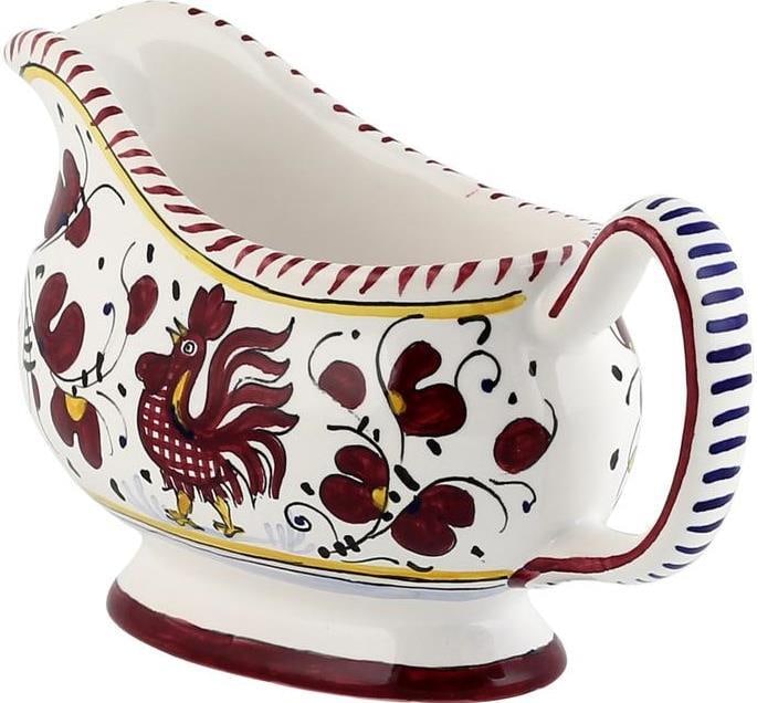 Deruta Style Red Rooster Gravy Sauce Boat: Deruta Style Red Rooster Gravy Sauce Boat Introducing the Orvieto Red Rooster Gravy Sauce Boat an exquisite addition to your serveware collection. This striking gravy boat crafted from top-quality cer