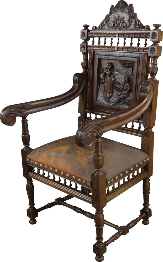 Vintage Charm: French Brittany Armchair: Vintage Charm: French Brittany Armchair Introducing a masterpiece of heritage: the 1880 French Antique Brittany Arm Chair in chestnut. This stunning piece from France beautifully exemplifies the rusti