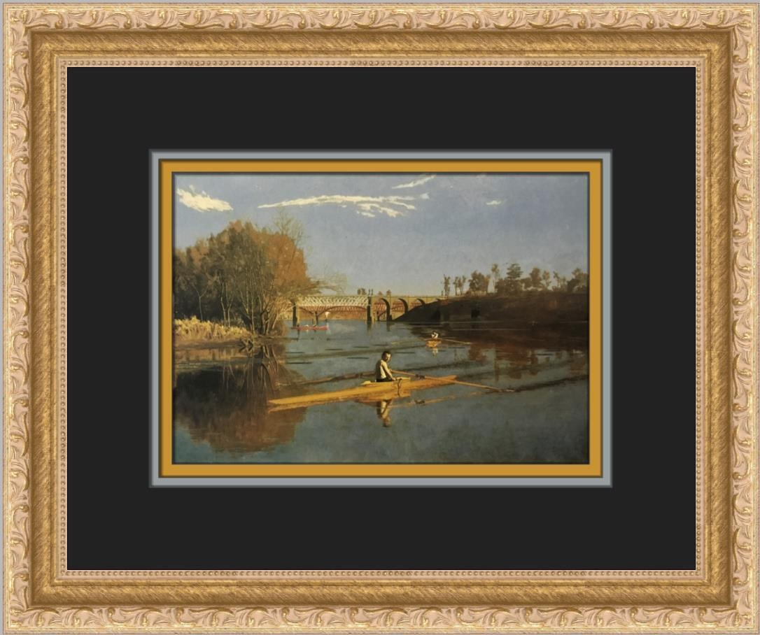 Thomas Eakins Max Schmitt in a Single Scull Offset Lithograph Print: Thomas Eakins Max Schmitt in a Single Scull Offset Lithograph Print This stunning custom framed print, titled "Max Schmitt in a Single Scull," features the iconic artwork by Thomas Eakins, an esteemed