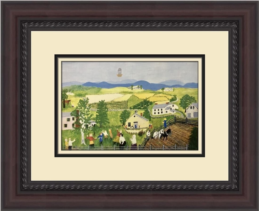 Grandma Moses Balloon Print Framed 14 x 17 Folk Art: Grandma Moses Balloon Print Framed 14 x 17 Folk Art This stunning custom framed print titled "Balloon" is by renowned artist Grandma Moses, known for her delightful folk art style. The print, produced