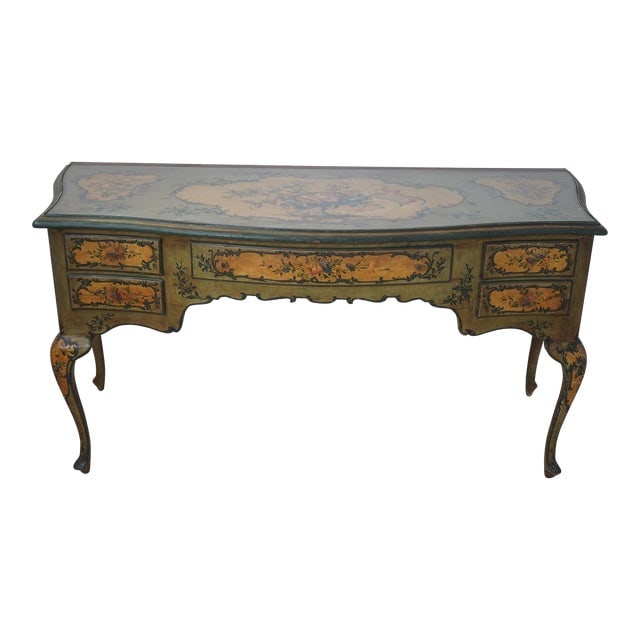 Italian Antique Venetian Painted Vanity with Glass Top 63.5 inches: Italian Antique Venetian Painted Vanity with Glass Top 63.5 inches This exquisite Antique Venetian Paint Decorated Vanity or Desk, approximately 100 years old, showcases high-quality Italian craftsman