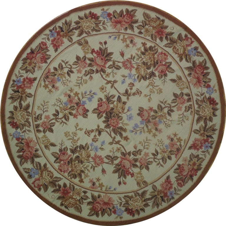 Hand-Knotted Area Rug 5 x 5 Feet Ivory Green Rose: Hand-Knotted Area Rug 5 x 5 Feet Ivory Green Rose Enhance your space with this exquisite 5 x 5 ROUND Needlepoint Flat Weave Rug. This hand-knotted area rug features a beautiful blend of ivory, green, 
