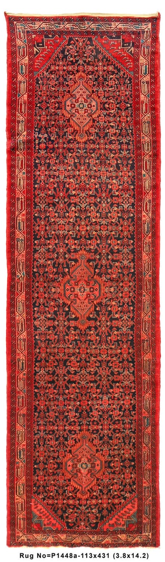 Vintage Persian Bijar Runner 3.9 x 14.2 Wool Hand-Knotted Red Blue: Vintage Persian Bijar Runner 3.9 x 14.2 Wool Hand-Knotted Red Blue This exquisite Vintage Persian Wide Tribal Runner measures 3'9" in width and 14'2" in length, making it a stunning addition to any sp