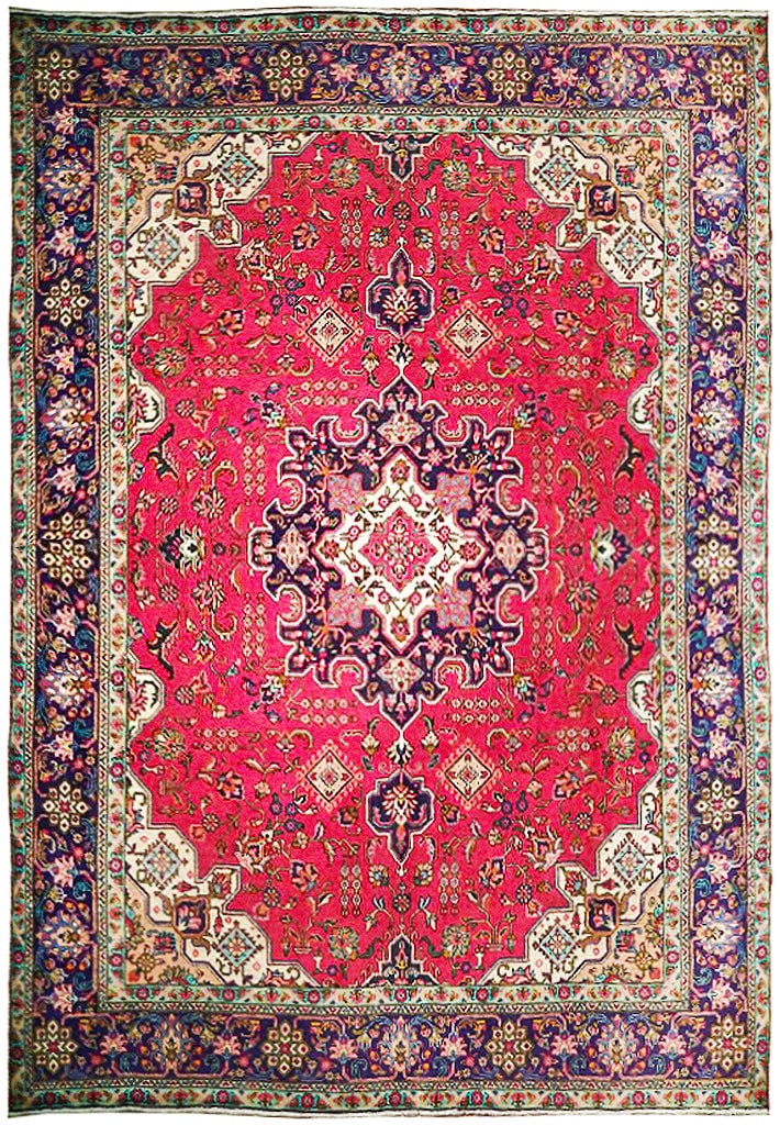 Handmade Tabriz Area Rug 10' x 12'4" Red Ivory Indigo: Handmade Tabriz Area Rug 10' x 12'4" Red Ivory Indigo This exquisite 10 x 12'4 Persian Tabriz rug features a stunning color palette of red, ivory, and indigo, showcasing the intricate craftsmanship of