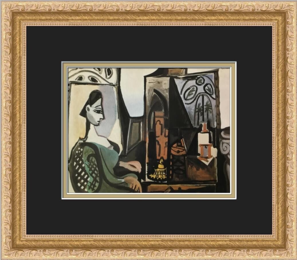 Pablo Picasso Jaqueline In The Studio Offset Lithograph Print Framed: Pablo Picasso Jaqueline In The Studio Offset Lithograph Print Framed This custom framed print titled "Jaqueline In The Studio" features the renowned artwork by Pablo Picasso. Measuring 14 in x 12 in, 