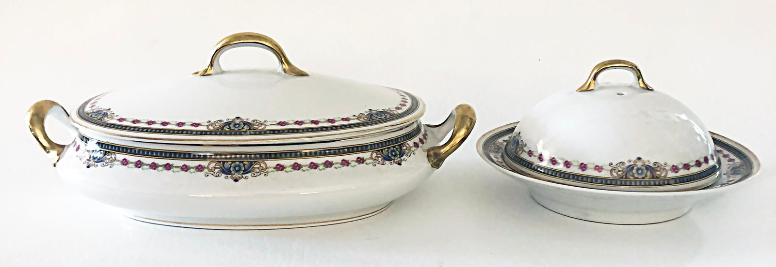 Limoges Porcelain Tureen & Cheese Keep with Covers, Set of 2: Limoges Porcelain Tureen & Cheese Keep with Covers, Set of 2 This exquisite set of porcelain serving dishes from L. Bernardaud & Co. features elegant gilt hand-painted floral patterns, embodying the c