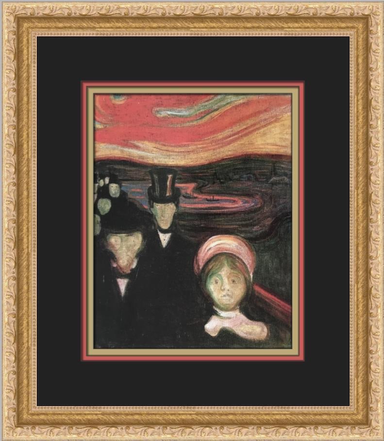 Edvard Munch Anxiety Lithograph Print Framed Matted: Edvard Munch Anxiety Lithograph Print Framed Matted This custom framed print features Edvard Munch's renowned artwork titled "Anxiety," showcasing a realistic portrayal of figures. Created using litho