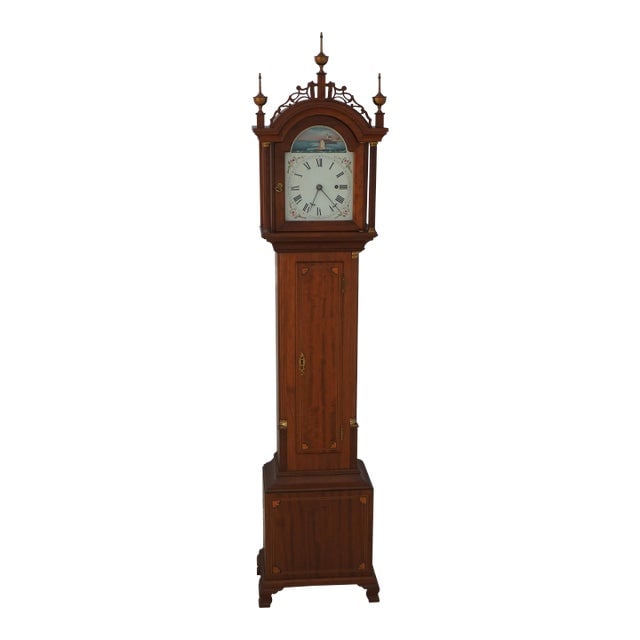 Vintage Mahogany Moon Ship Clock - 1900-1909: Vintage Mahogany Moon Ship Clock - 1900-1909 Introducing a stunning Vintage Inlaid Mahogany Dwarf Grandfather Hall Clock, approximately 100 years old. This exquisite piece features a moving moon ship 