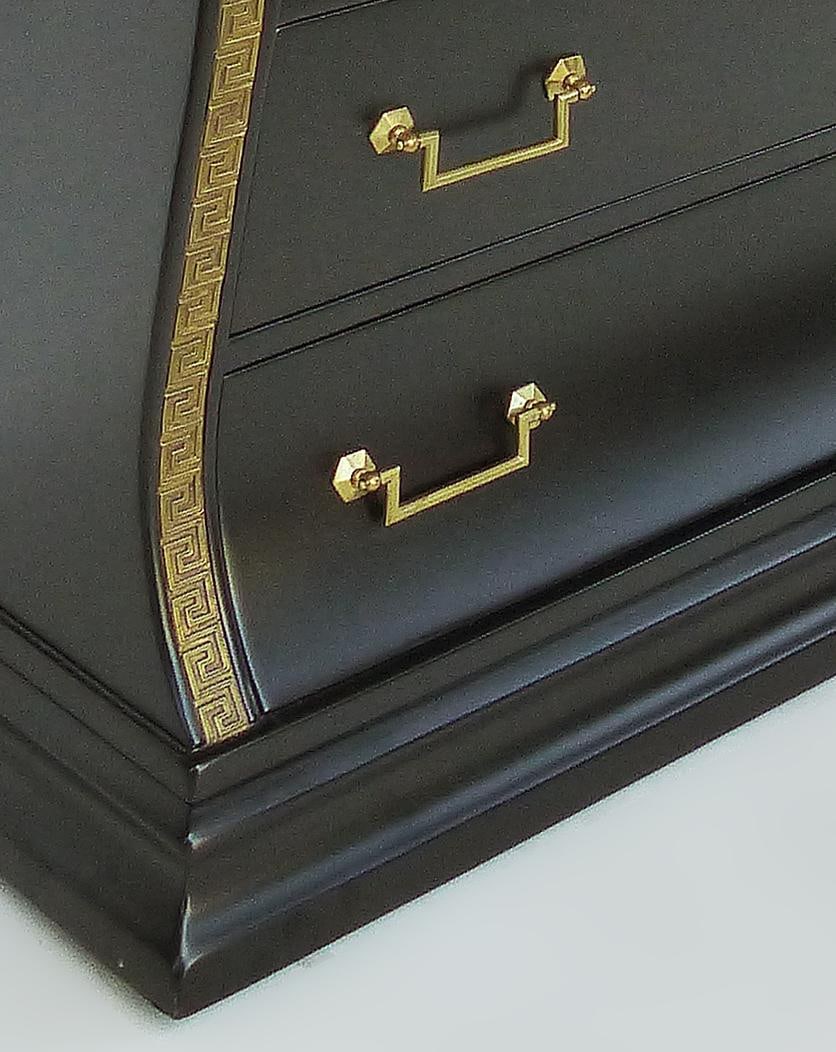 Elegant Marble Top Chest of Drawers with Brass Greek Key Hardware: Elegant Marble Top Chest of Drawers with Brass Greek Key Hardware This elegant chest of drawers features a striking marble top and a serpentine front design, complemented by Greek key brass hardware.