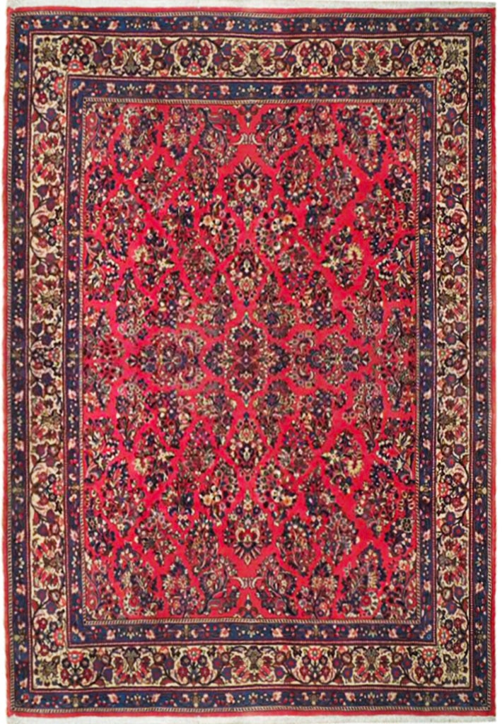 Persian Sarouk Rug 6.9 x 6.10 Coral Red Handmade Wool: Persian Sarouk Rug 6.9 x 6.10 Coral Red Handmade Wool Elevate your home decor with this exquisite 6'9" x 6'10" square Persian Sarouk rug, featuring a captivating coral red hue complemented by dark sal