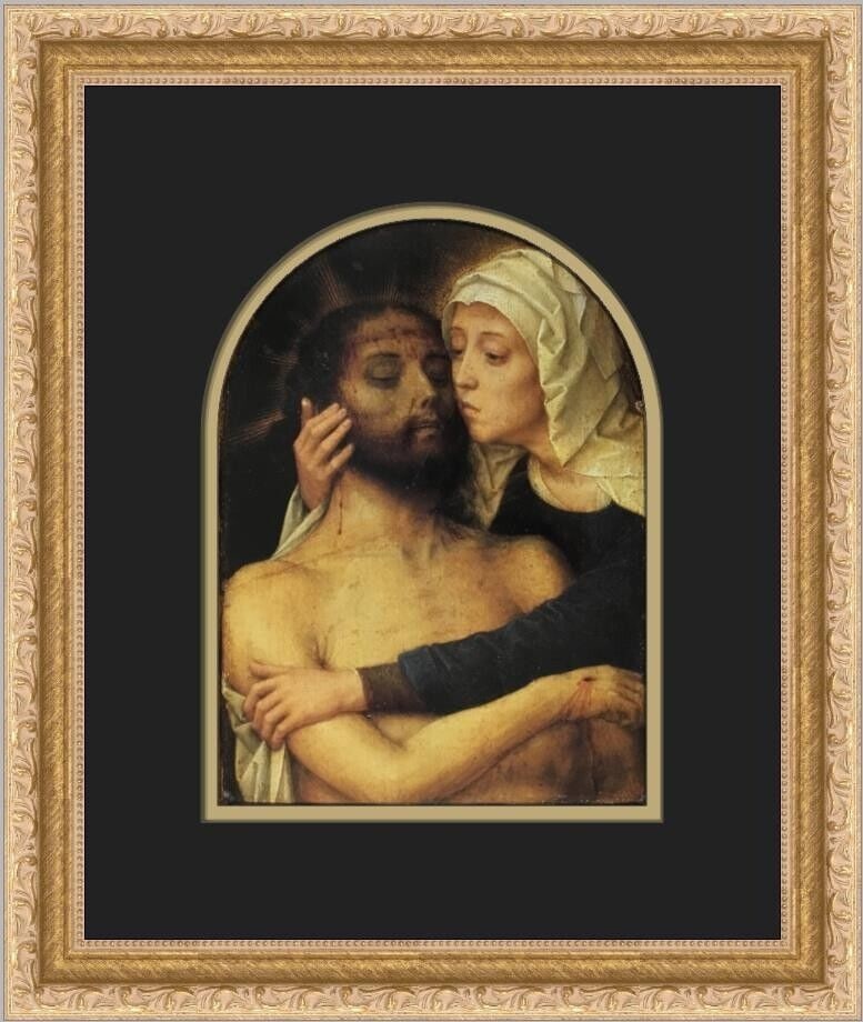The Virgin Embracing The Dead Christ - Framed Offset Lithograph Print: The Virgin Embracing The Dead Christ - Framed Offset Lithograph Print Presenting a stunning custom framed print titled "The Virgin Embracing The Dead Christ" by renowned artist Gerard David. This medi