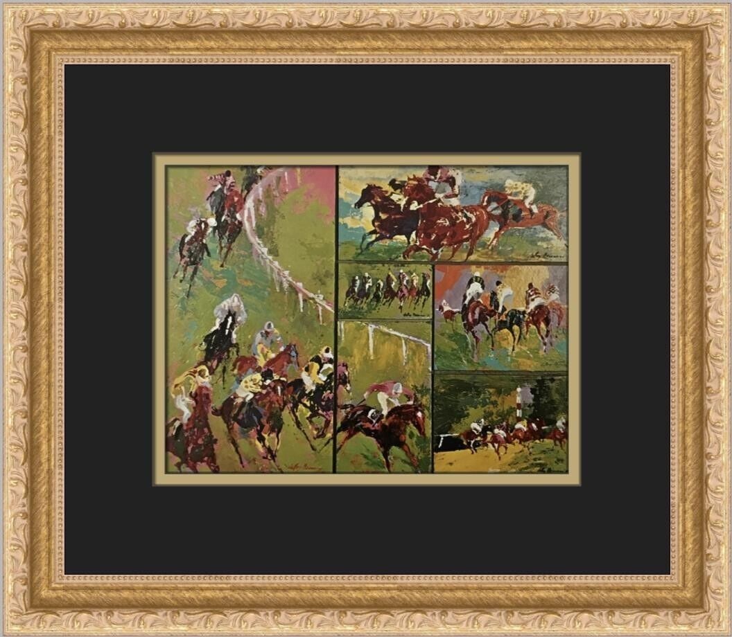 LeRoy Neiman On The Turf Print 1974: LeRoy Neiman On The Turf Print 1974 This stunning custom framed print titled "On The Turf" by renowned artist LeRoy Neiman captures the dynamic essence of horse racing. Created in 1974, this medium-si