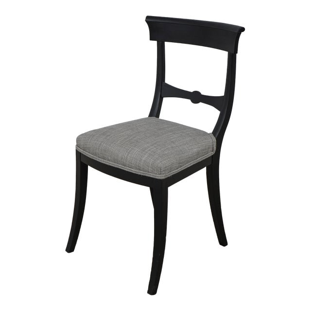 Vintage Klismos Side Chair Black Upholstered 1960s Traditional Style: Vintage Klismos Side Chair Black Upholstered 1960s Traditional Style This vintage Klismos design side chair boasts a classic style and is approximately 50 years old, dating back to the 1960s. The chai