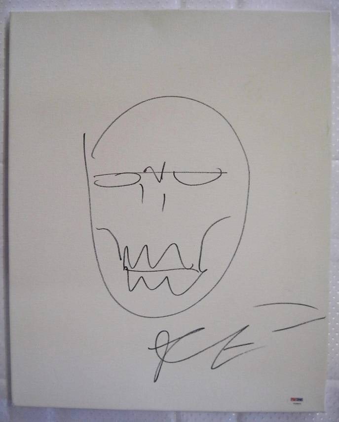 Robert Kirkman Signed 16x20 Sketch Walking Dead Photo: Robert Kirkman Signed 16x20 Sketch Walking Dead Photo This signed artwork features an original line drawing of a skull-like face, created by Robert Kirkman, the co-creator of The Walking Dead. The pie