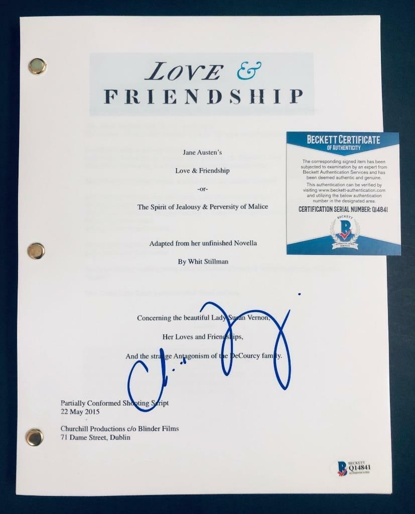 Chloe Sevigny Signed Love & Friendship Movie Script with BAS COA: Chloe Sevigny Signed Love & Friendship Movie Script with BAS COA This is an original movie script for the film 'Love & Friendship,' a literary adaptation by Jane Austen, featuring the autograph of act