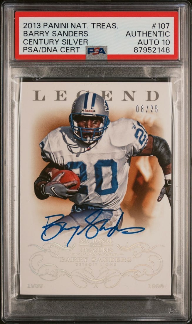 2013 Panini National Treasures Barry Sanders Signed Card 08/25: 2013 Panini National Treasures Barry Sanders Signed Card 08/25 This collectible trading card features the legendary football player Barry Sanders, numbered 08/25. It showcases a prominent blue signatu
