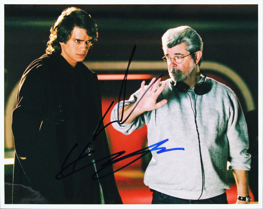 George Lucas Hayden Christensen Signed Star Wars 8x10 Photo JSA Authenticated: George Lucas Hayden Christensen Signed Star Wars 8x10 Photo JSA Authenticated This signed photograph features iconic figures George Lucas and Hayden Christensen from Star Wars Episode III. The image c