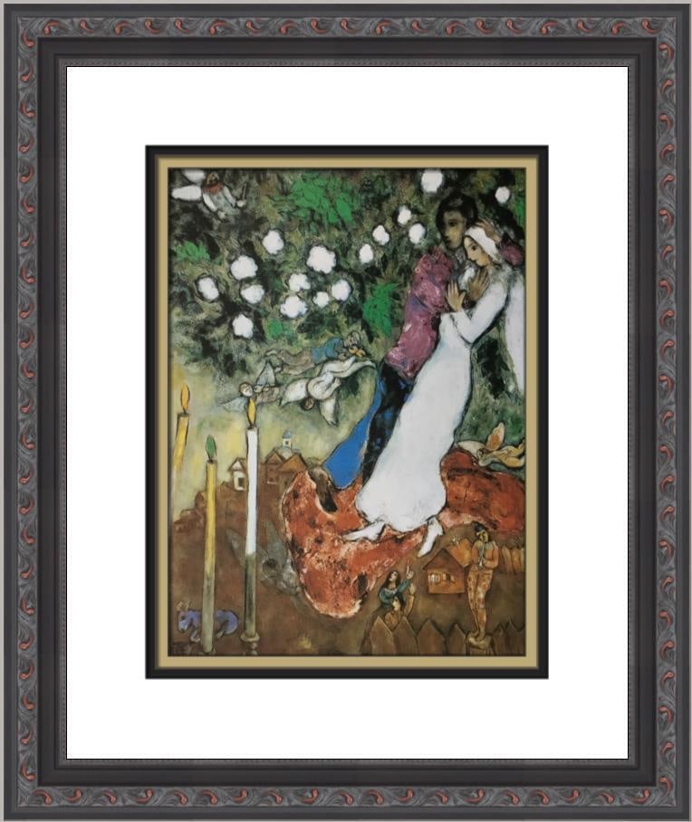Marc Chagall The Three Candles Nudes Print 1987: Marc Chagall The Three Candles Nudes Print 1987 This exquisite custom framed print, titled "The Three Candles" by renowned artist Marc Chagall, showcases a captivating blend of Cubism, Modernism, and