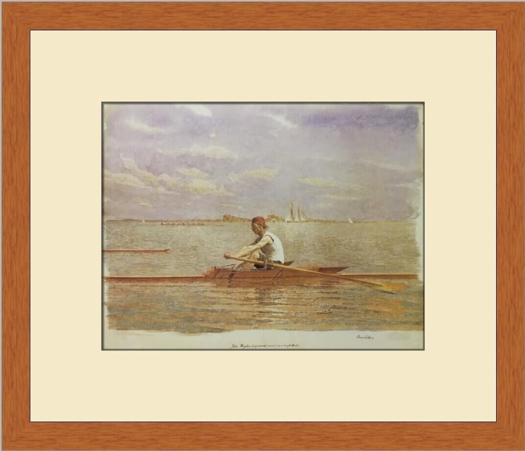 Thomas Eakins John Biglen in a Single Scull Lithograph Print: Thomas Eakins John Biglen in a Single Scull Lithograph Print This stunning custom framed print features the artwork "John Biglen in a Single Scull" by renowned artist Thomas Eakins. Measuring 12 x 15