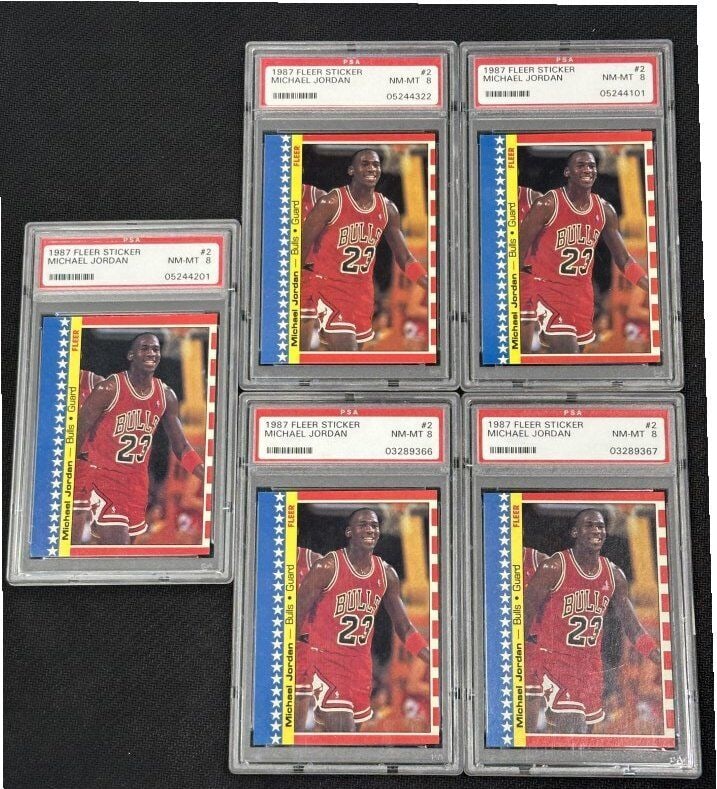 Michael Jordan 1987 Fleer Sticker 5x Card Lot PSA 8 Bulls: Michael Jordan 1987 Fleer Sticker 5x Card Lot PSA 8 Bulls This listing features a remarkable set of five 1987 Fleer basketball trading cards showcasing the legendary Michael Jordan, known for his exce